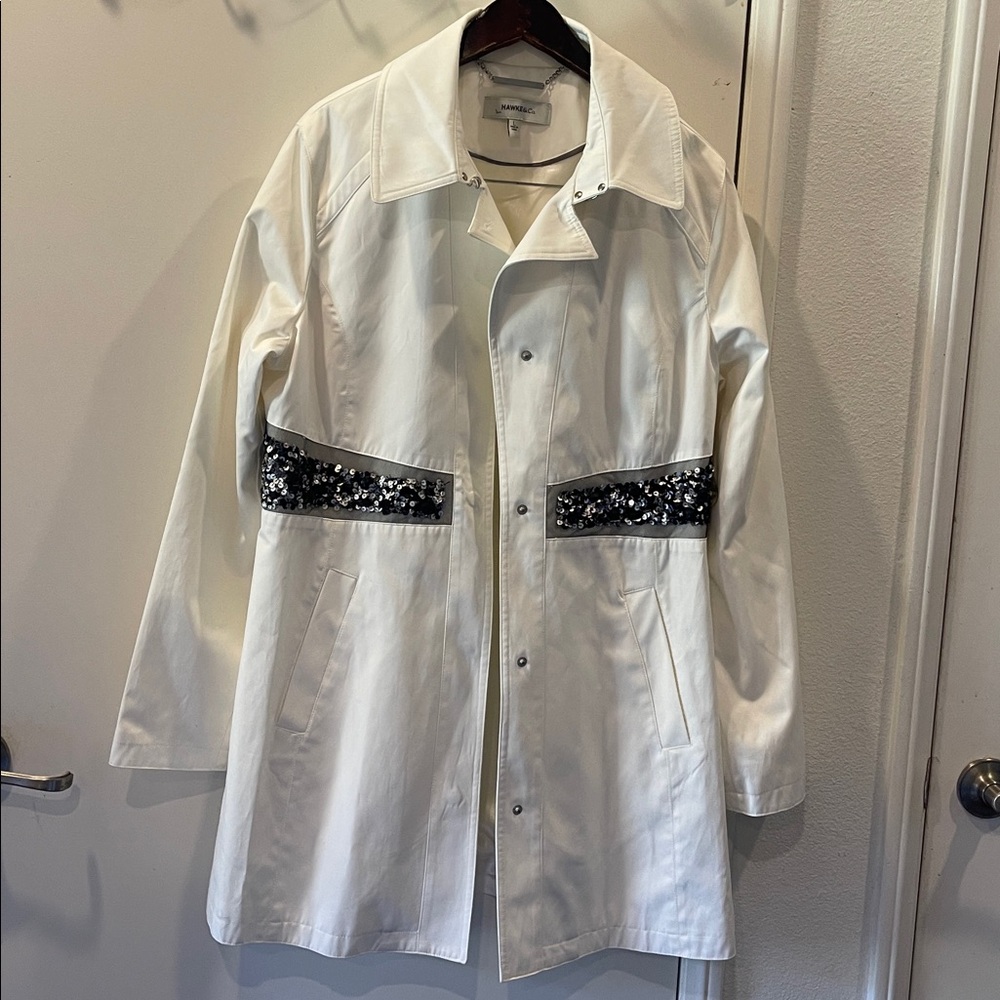 Hawke & Co White Trench Coat with Black Sequin Accents